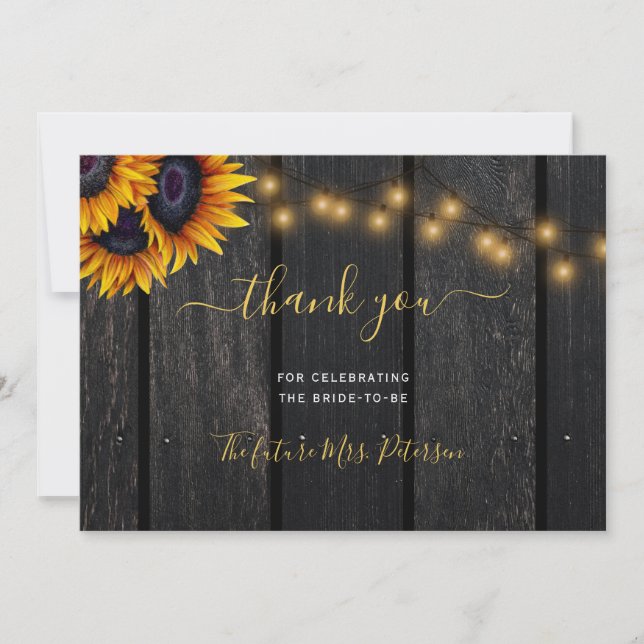 Rustic sunflower barn wood script bridal shower th thank you card (Front)