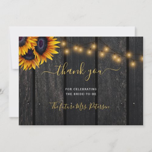 Rustic sunflower barn wood script bridal shower th thank you card