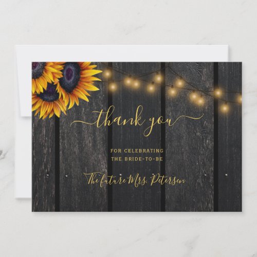 Rustic sunflower barn wood script bridal shower thank you card