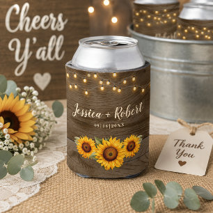 Rustic Sunflower Barn Wood String Lights Wedding Can Cooler
