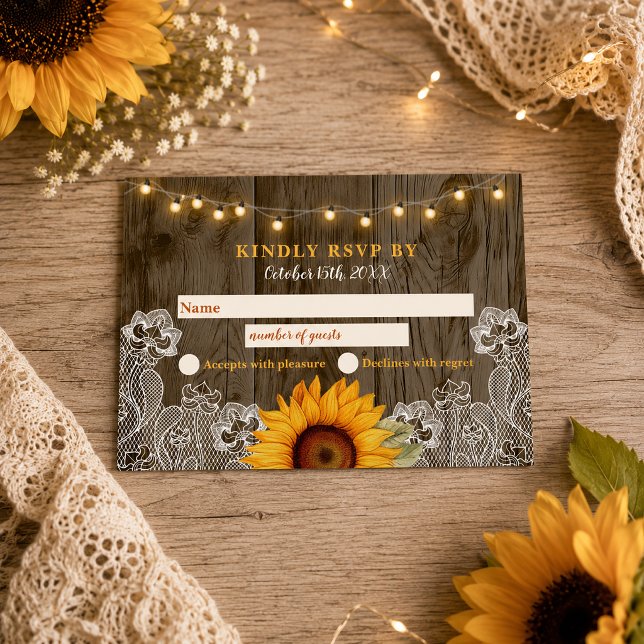 Rustic Sunflower Barn Wood String Lights Wedding Note Card (Rustic Sunflower Wedding RSVP Card)
