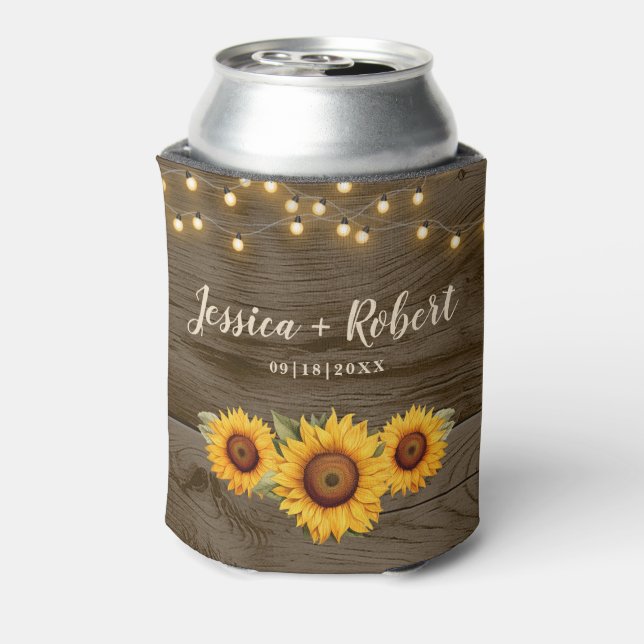 Rustic Sunflower Barn Wood Wedding Can Cooler (Can Back)
