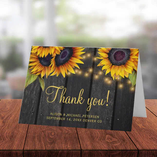 Rustic sunflower barn wood wedding thank you card | Zazzle