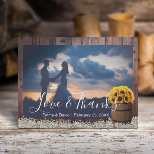 Rustic Sunflower Barrel Wedding Photo Thank You Postcard