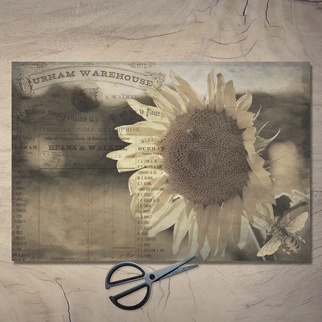 Rustic Sunflower Bee Farm Ephemera Decoupage Tissue Paper | Zazzle