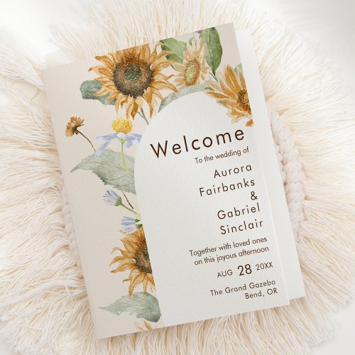 Rustic Sunflower Beige Arch Wedding Folded Program