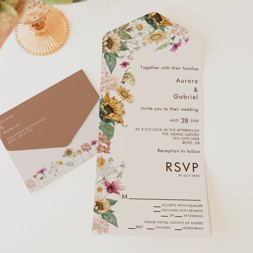 Rustic Sunflower Beige Entree Choice RSVP Wedding All In One Invitation