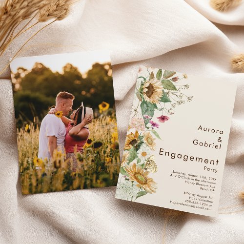 Rustic Sunflower Beige Photo Engagement Party Invitation