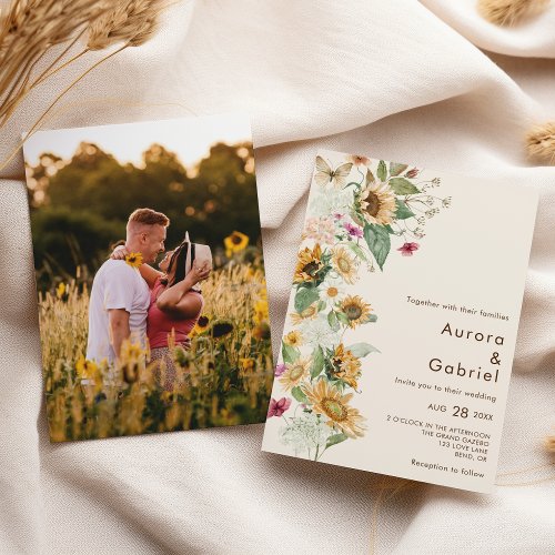 Rustic Sunflower Beige Photo Wedding Invitation