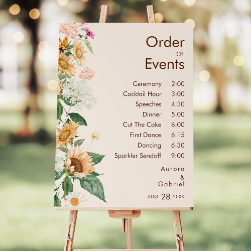 Rustic Sunflower Beige Wedding Order Of Events Foam Board