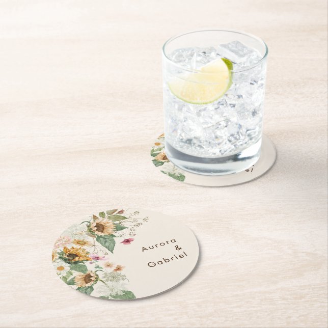 Rustic Sunflower Beige Wedding Paper Coaster (Insitu)
