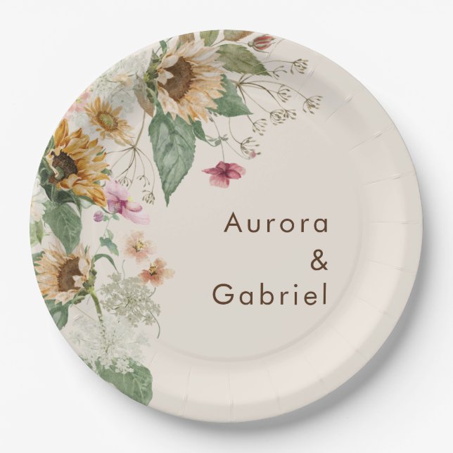 Rustic Sunflower Beige Wedding Paper Plates (Front)