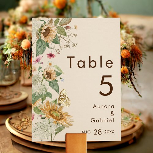 Rustic Sunflower Beige Wedding Table Number Card