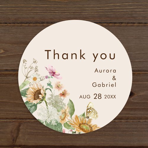 Rustic Sunflower Beige Wedding Thank You Sticker