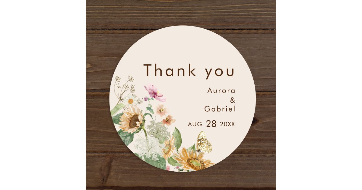 Rustic Sunflower Beige Wedding Thank You Sticker | Zazzle
