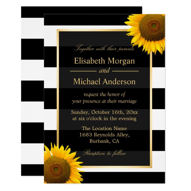 Rustic Sunflower Black And White Striped Wedding Invitation