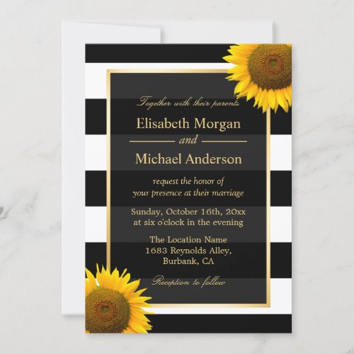 Rustic Sunflower Black and White Striped Wedding Invitation