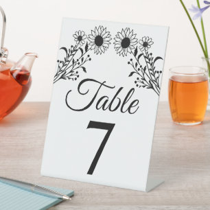Rustic Sunflower Black White Floral Wedding Number Pedestal Sign