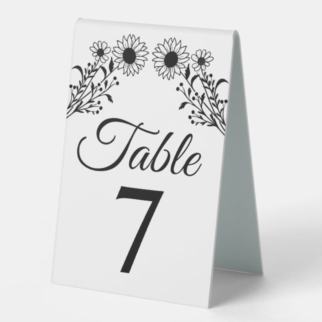 Rustic Sunflower Black White Floral Wedding Number Table Tent (Front)
