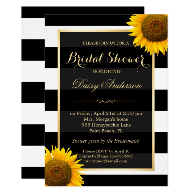 Rustic Sunflower Black White Stripes Bridal Shower Invitation