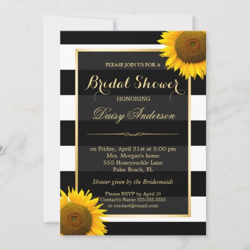 Rustic Sunflower Black White Stripes Bridal Shower Invitation