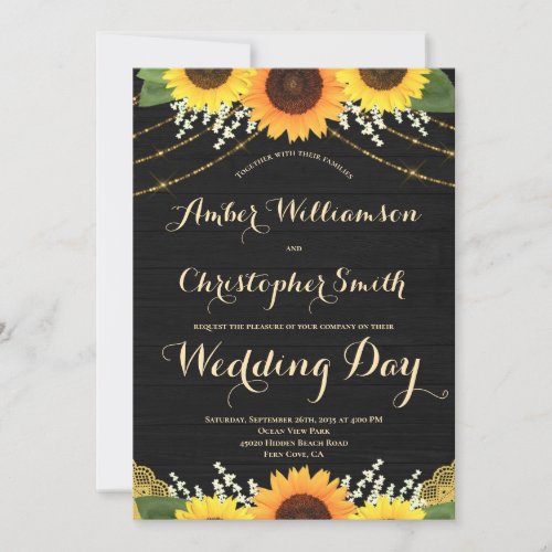 Rustic Sunflower Black Wood String Lights Wedding Invitation