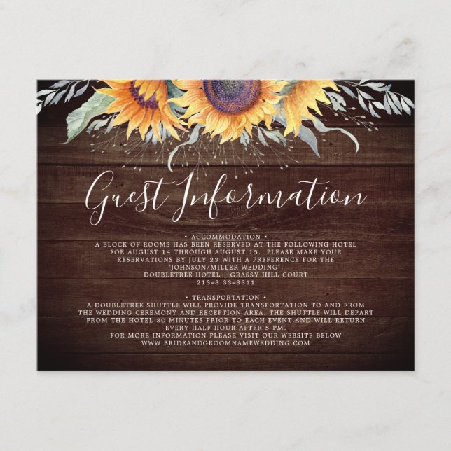 Rustic Sunflower Bloom Guest Information Enclosure Card (Front)
