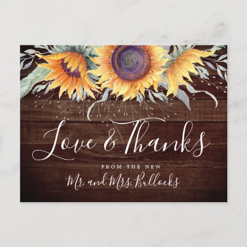 Rustic Sunflower Bloom  Wedding Thank You Postcard