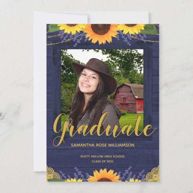 Rustic Sunflower Blue and Gold 2 Photo Graduation Announcement (Front)