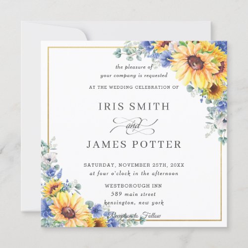 Rustic Sunflower Blue Floral Gold Wedding Square  Invitation