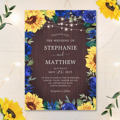 Rustic Sunflower Blue Floral Lights Wedding Invitation