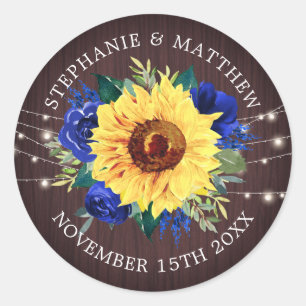 Rustic Sunflower Blue Floral String Lights Wedding Classic Round Sticker