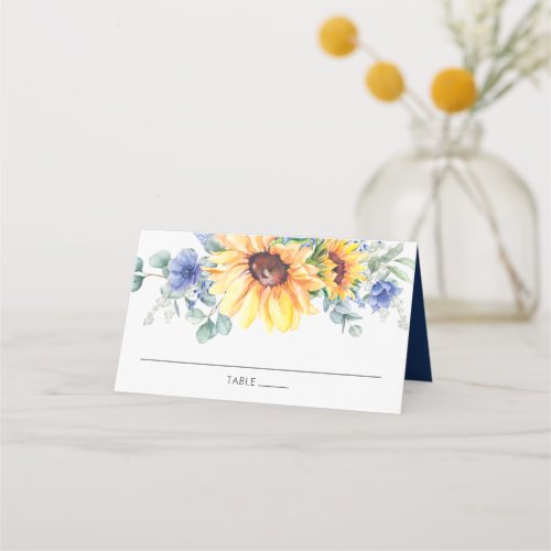 Rustic Sunflower Blue Floral Wedding Guest Name  Place Card