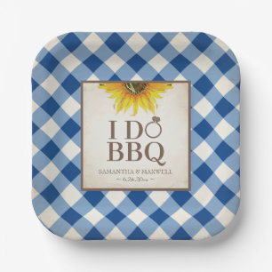 Rustic Sunflower Blue Gingham I Do BBQ Paper Plates