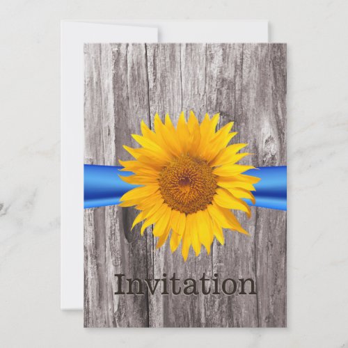 Rustic Sunflower Blue Ribbon Wood Bridal Shower 5x7 Paper Invitation Card