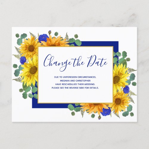 Rustic Sunflower Blue Rose Wedding Change the Date Announcement Postcard