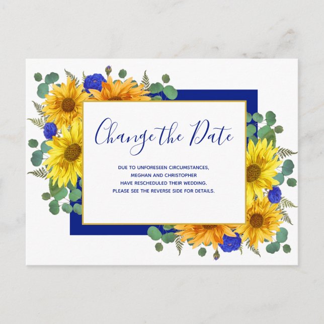 Rustic Sunflower Blue Rose Wedding Change the Date Announcement Postcard (Front)