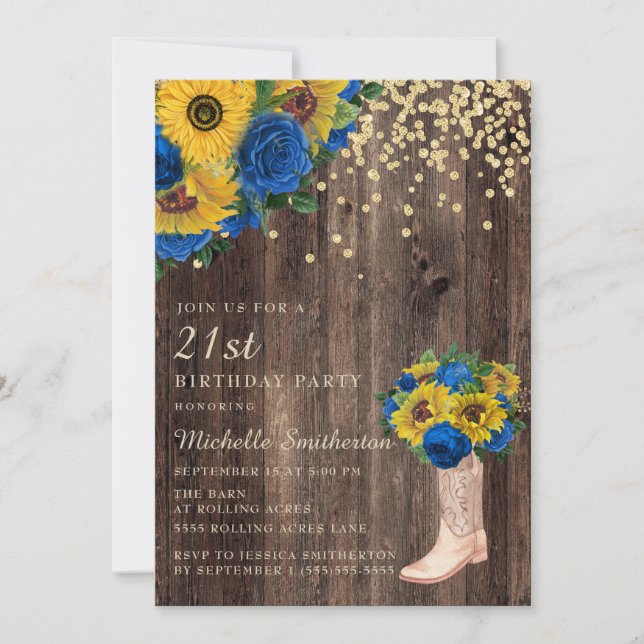 Rustic Sunflower Blue Roses Boots 21st Birthday Invitation (Front)