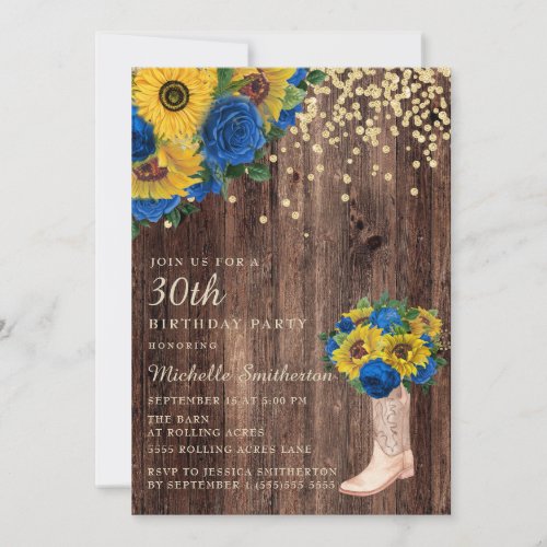 Rustic Sunflower Blue Roses Boots 30th Birthday Invitation