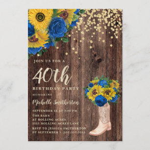 Rustic Sunflower Blue Roses Boots 40th Birthday Invitation