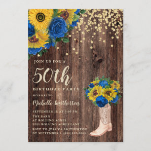 Rustic Sunflower Blue Roses Boots 50th Birthday Invitation