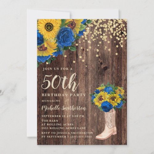 Rustic Sunflower Blue Roses Boots 50th Birthday Invitation