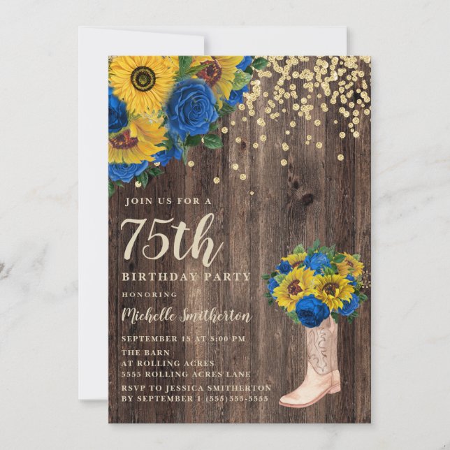 Rustic Sunflower Blue Roses Boots 75th Birthday Invitation (Front)