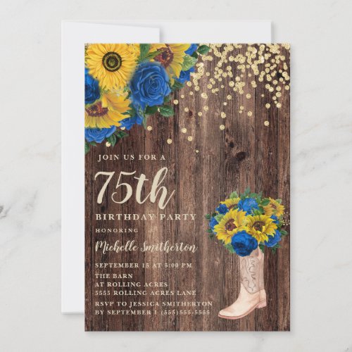 Rustic Sunflower Blue Roses Boots 75th Birthday Invitation