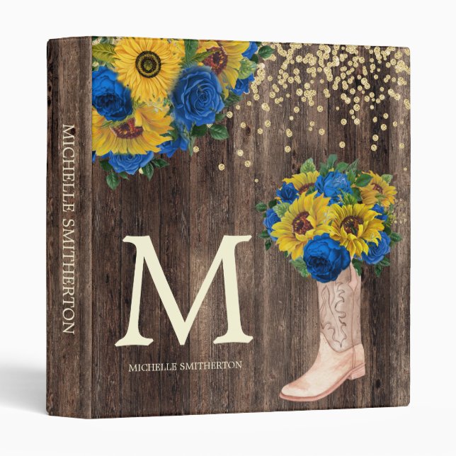 Rustic Sunflower Blue Roses Boots Monogram 3 Ring Binder (Front/Spine)