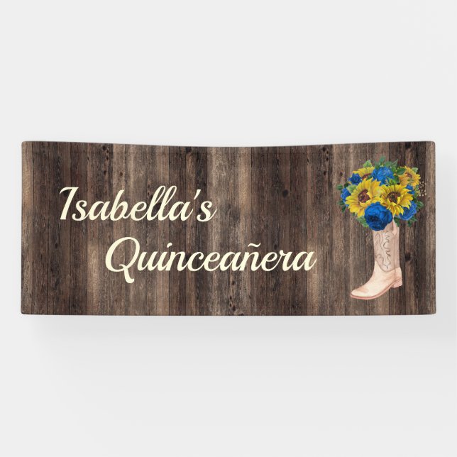 Rustic Sunflower Blue Roses Boots Quinceañera Banner (Horizontal)