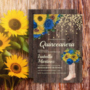 Rustic Sunflower Blue Roses Boots Quinceañera Invitation