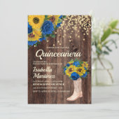 Rustic Sunflower Blue Roses Boots Quinceañera Invitation (Standing Front)