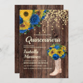 Rustic Sunflower Blue Roses Boots Quinceañera Invitation (Front/Back)