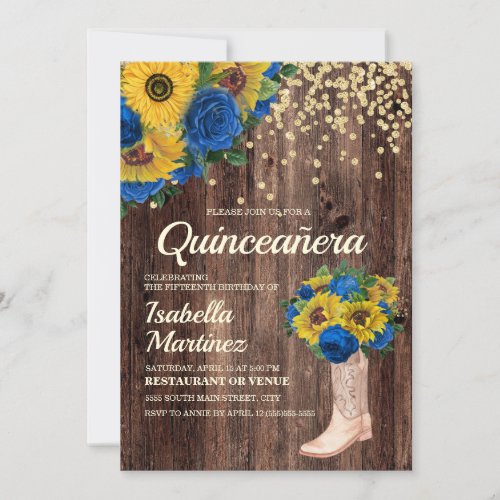 Rustic Sunflower Blue Roses Boots Quinceaera Invitation